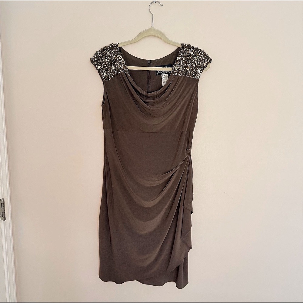 Alex Evenings Formal Cocktail Dress Brown Beaded Shoulders Cowl Midi SZ 10P